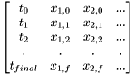 \[ \begin{bmatrix} t_0 & x_{1,0} & x_{2,0} & ...\\ t_1 & x_{1,1} & x_{2,1} & ...\\ t_2 & x_{1,2} & x_{2,2} & ...\\ . & . & . & . \\ t_{final} & x_{1,f} & x_{2,f} & ... \end{bmatrix} \]