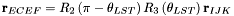 ${\bf r}_{ECEF} = R_{2}\left(\pi-\theta_{LST}\right)R_{3}\left(\theta_{LST}\right){\bf r}_{IJK}$